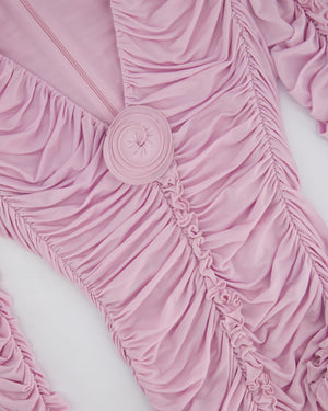Magda Butrym Pink Long Sleeve Ruched Mini Dress with Rose Appliqué Detail Size FR 36 (UK 8)