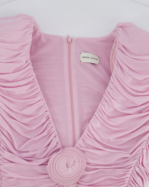Magda Butrym Pink Long Sleeve Ruched Mini Dress with Rose Appliqué Detail Size FR 36 (UK 8)