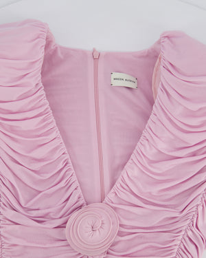 Magda Butrym Pink Long Sleeve Ruched Mini Dress with Rose Appliqué Detail Size FR 36 (UK 8)
