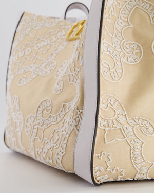 Valentino Beige and White Beaded Raffia Tote Bag with Gold Logo Detail