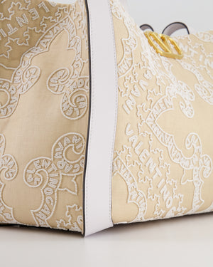 Valentino Beige and White Beaded Raffia Tote Bag with Gold Logo Detail