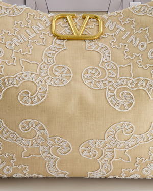 Valentino Beige and White Beaded Raffia Tote Bag with Gold Logo Detail