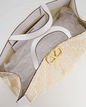 Valentino Beige and White Beaded Raffia Tote Bag with Gold Logo Detail