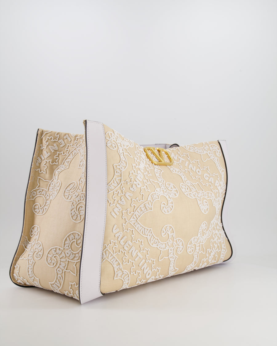 Valentino Beige and White Beaded Raffia Tote Bag with Gold Logo Detail