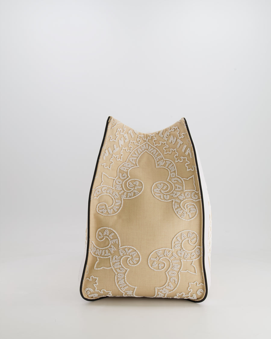 Valentino Beige and White Beaded Raffia Tote Bag with Gold Logo Detail