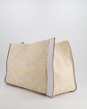 Valentino Beige and White Beaded Raffia Tote Bag with Gold Logo Detail