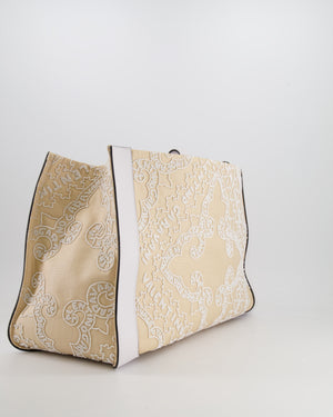 Valentino Beige and White Beaded Raffia Tote Bag with Gold Logo Detail
