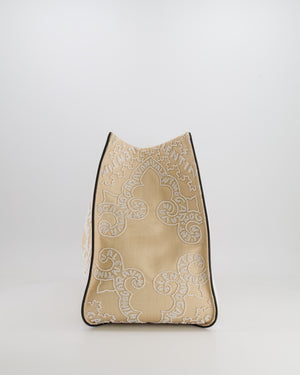 Valentino Beige and White Beaded Raffia Tote Bag with Gold Logo Detail
