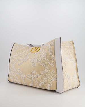 Valentino Beige and White Beaded Raffia Tote Bag with Gold Logo Detail