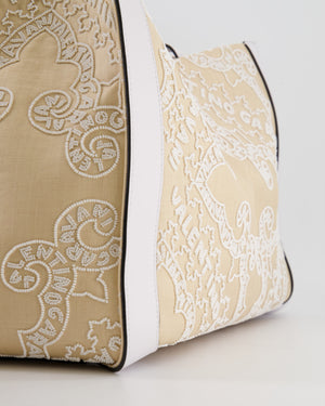 Valentino Beige and White Beaded Raffia Tote Bag with Gold Logo Detail