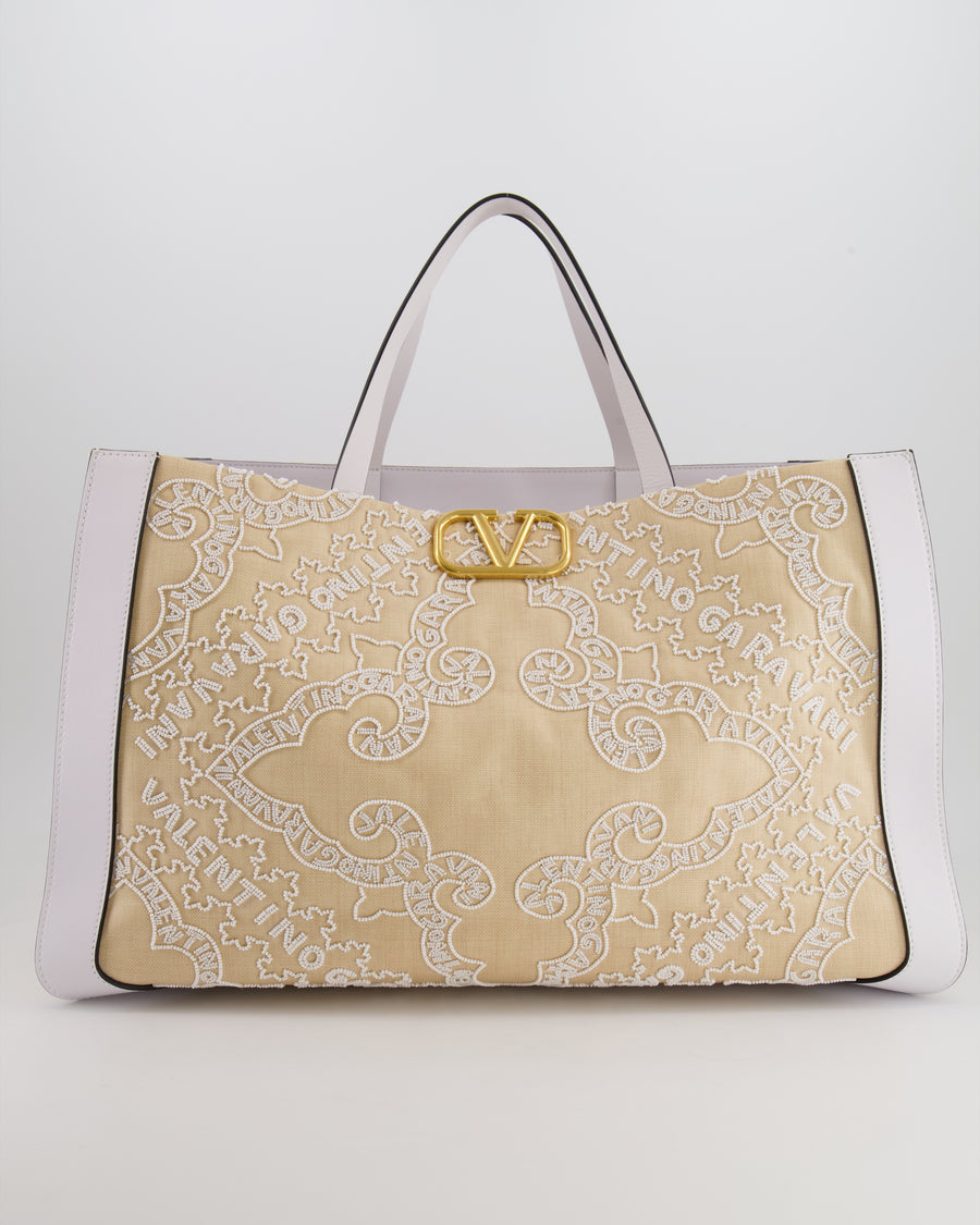Valentino Beige and White Beaded Raffia Tote Bag with Gold Logo Detail