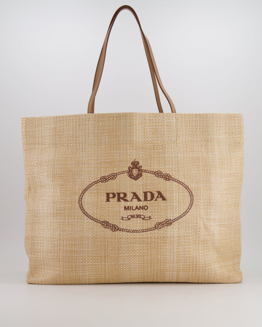 Prada Beige Raffia Shopping Tote Bag with Logo Detail