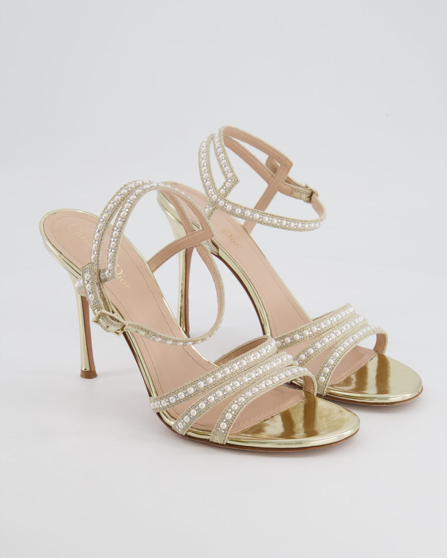 Christian Dior Gold Sandal Strap Heels with Pearls and Crystal Embellishments Size EU 41