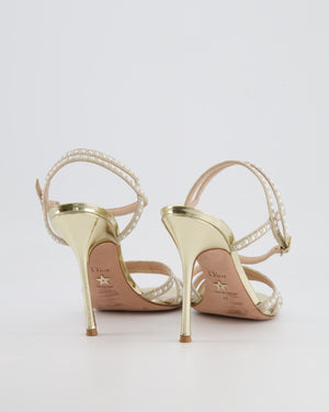 Christian Dior Gold Sandal Strap Heels with Pearls and Crystal Embellishments Size EU 41