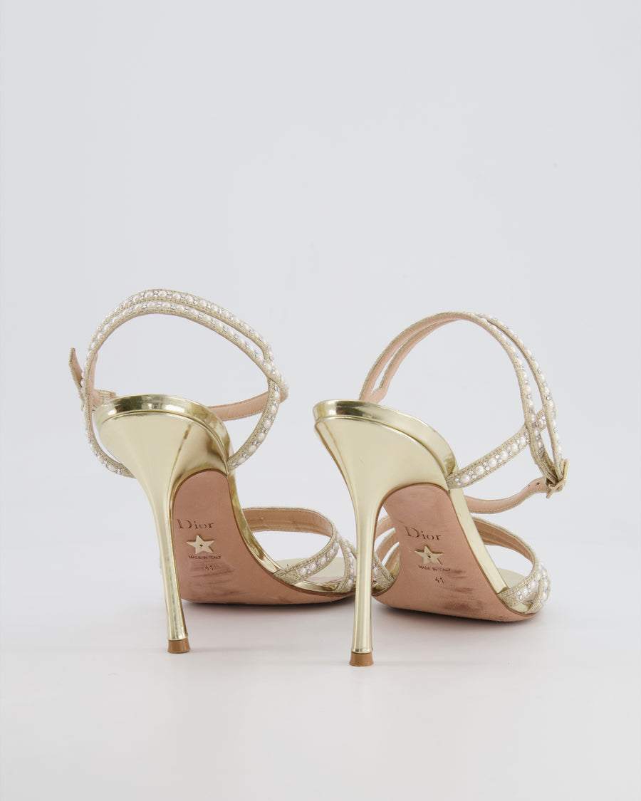 Christian Dior Gold Sandal Strap Heels with Pearls and Crystal Embellishments Size EU 41