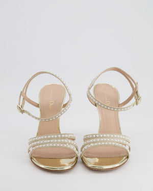Christian Dior Gold Sandal Strap Heels with Pearls and Crystal Embellishments Size EU 41