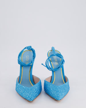 Gedebe Sky Blue Crystal Embellished Pointed Toe Heels with Tie Ankle Strap Size EU 38