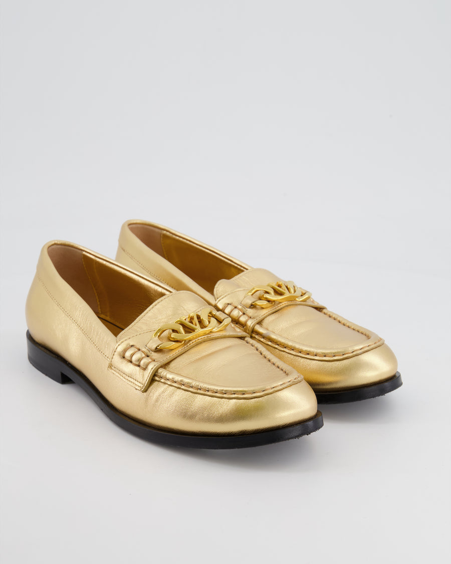 Valentino Metallic Gold Leather Loafers with V Logo Detailing Size EU 40