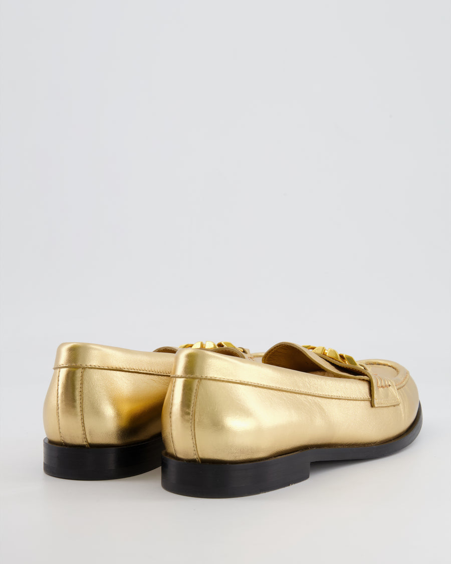 Valentino Metallic Gold Leather Loafers with V Logo Detailing Size EU 40