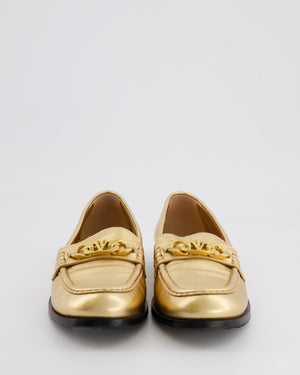 Valentino Metallic Gold Leather Loafers with V Logo Detailing Size EU 40