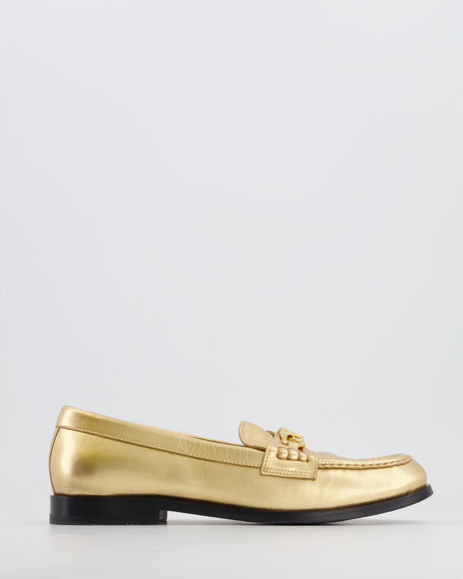Valentino Metallic Gold Leather Loafers with V Logo Detailing Size EU 40