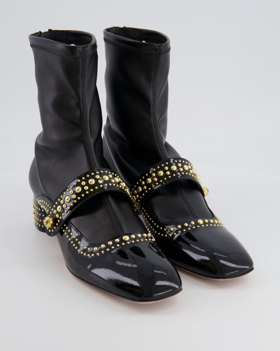 Christian Dior Black Patent Belle-D Gold Stud Embellished Ankle Boots Size EU 41