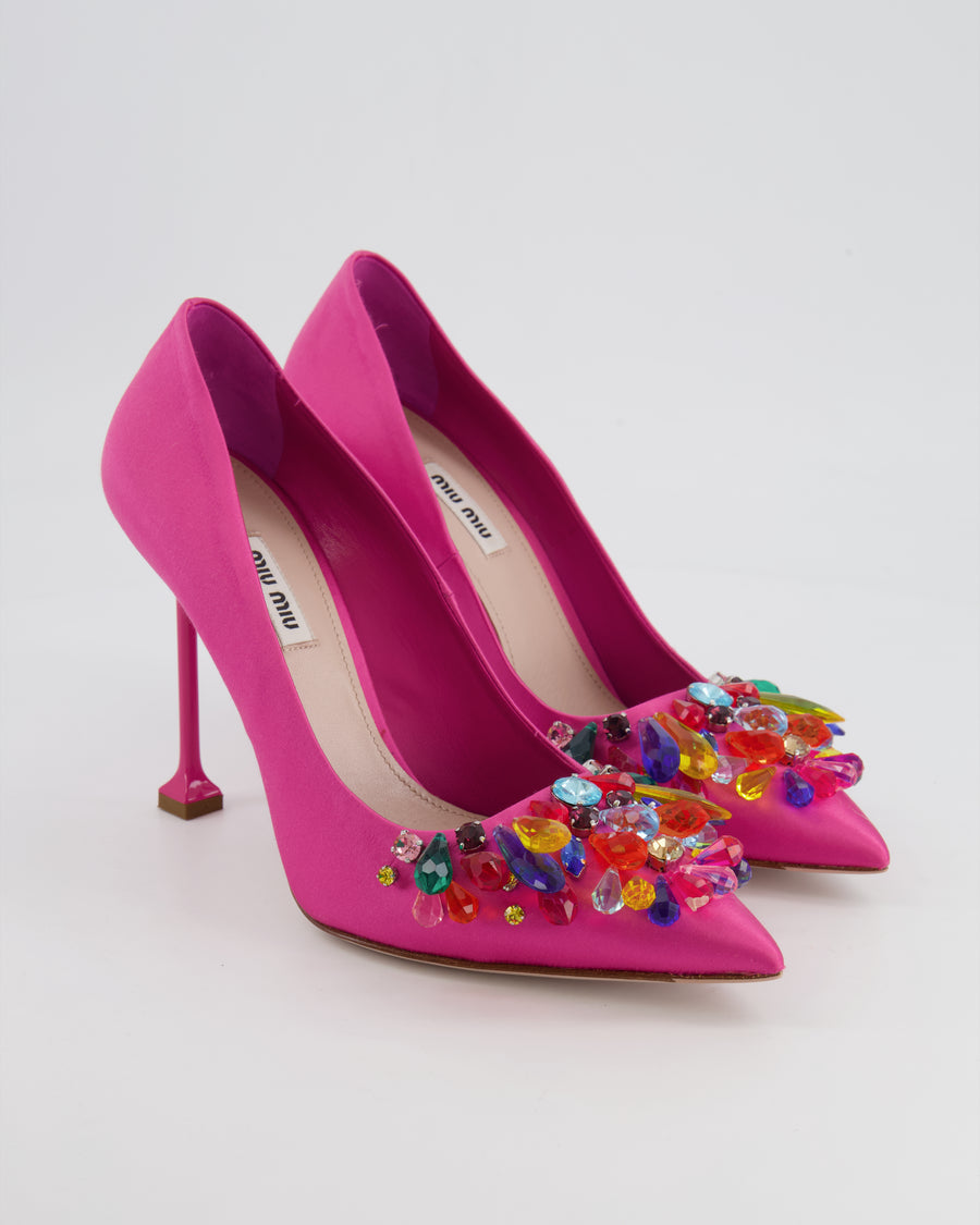 Miu Miu Pink Satin Pumps with Multicolour Crystal Embellishments Size EU 40.5