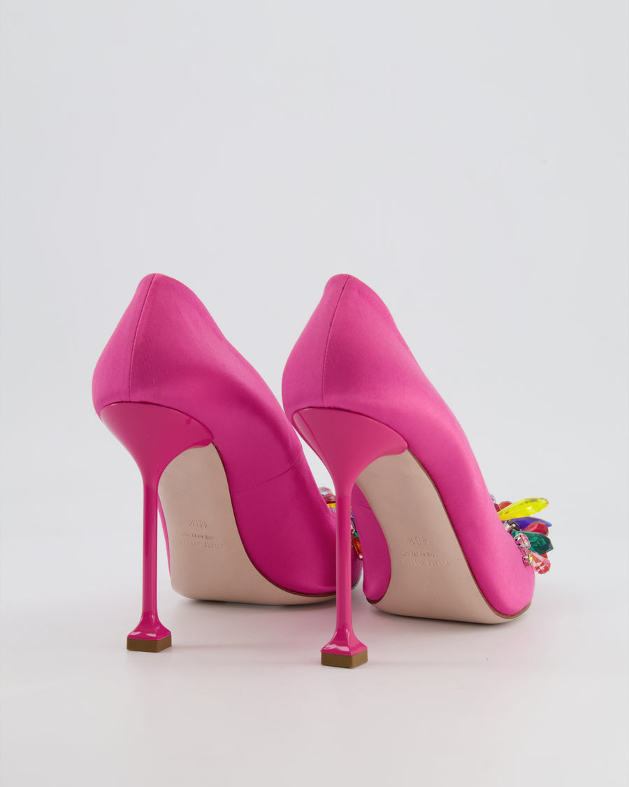 Miu Miu Pink Satin Pumps with Multicolour Crystal Embellishments Size EU 40.5