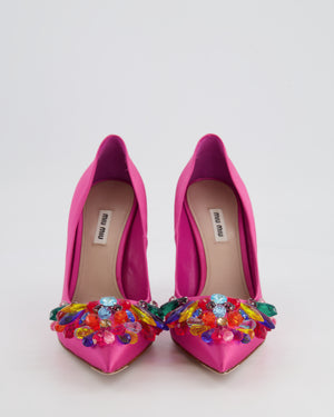 Miu Miu Pink Satin Pumps with Multicolour Crystal Embellishments Size EU 40.5
