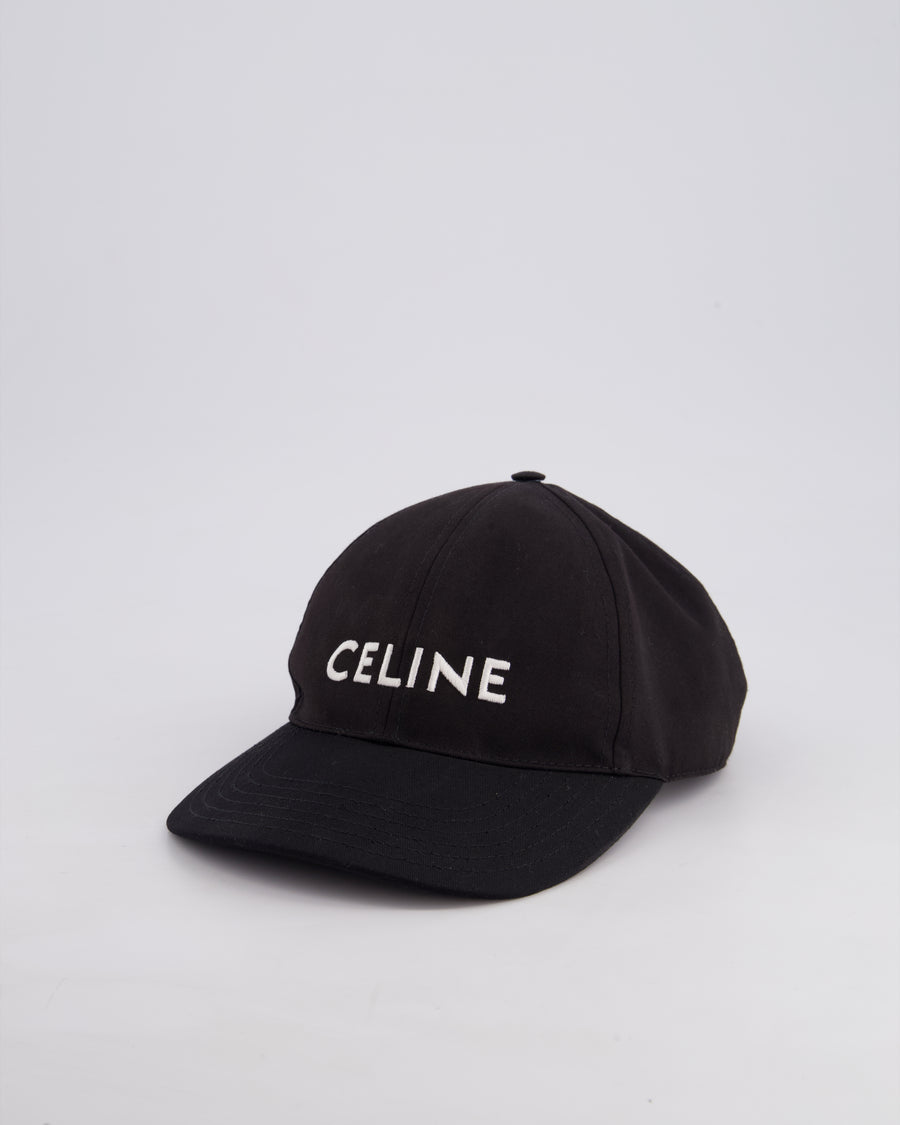 Celine Black Baseball Cap in Cotton with White Logo Detail Size S