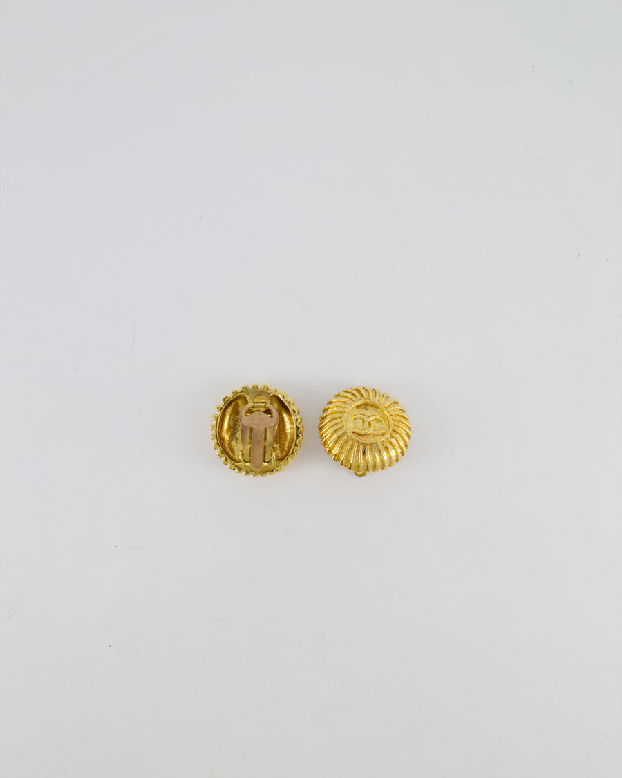 Chanel Vintage Gold Textured Small Round Clip-On Earrings with CC Logo