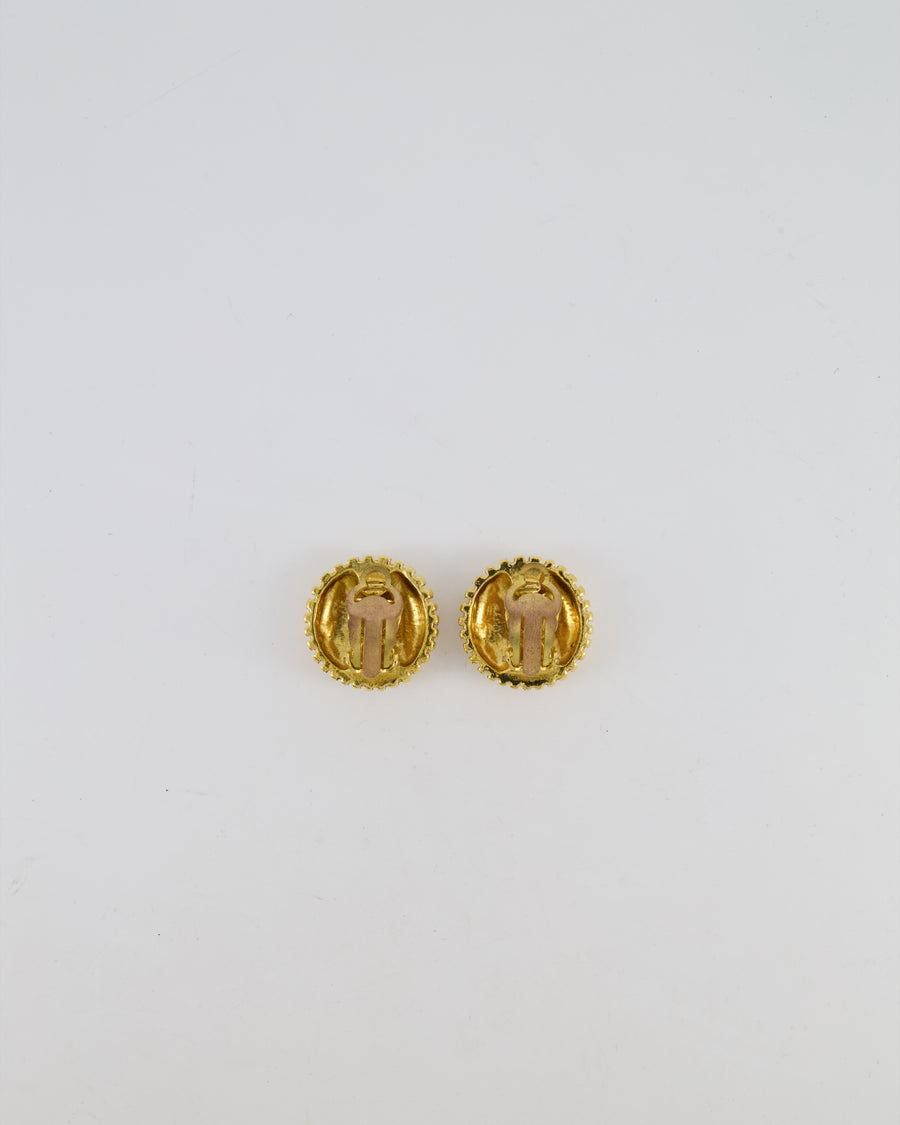 Chanel Vintage Gold Textured Small Round Clip-On Earrings with CC Logo