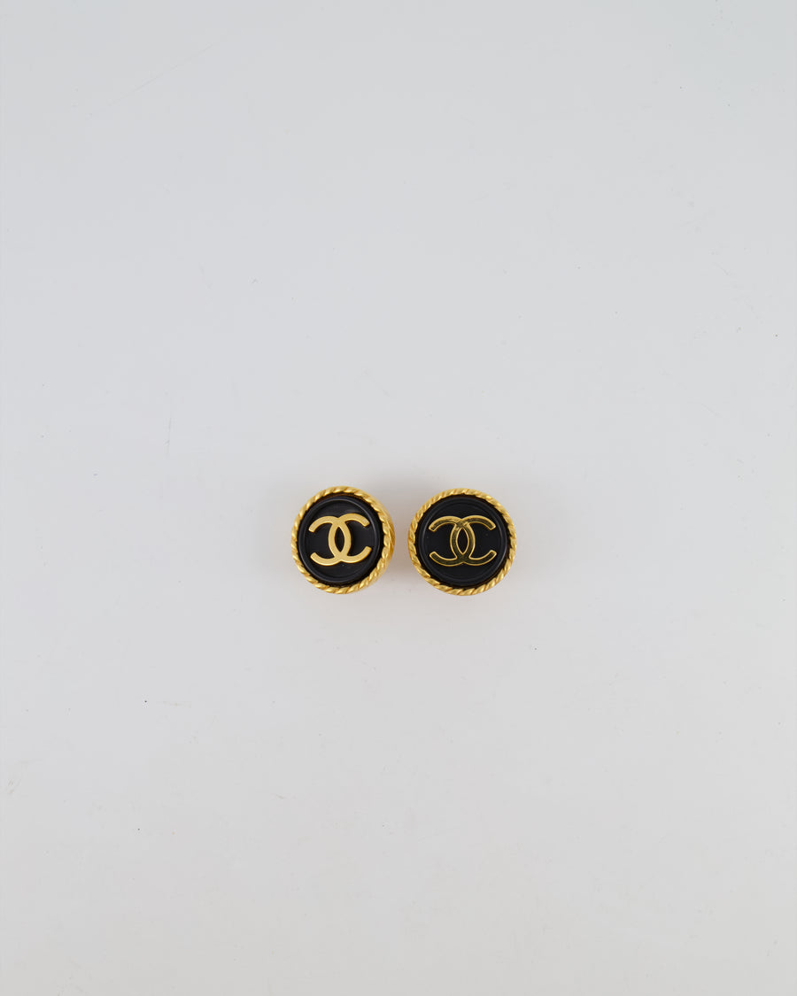 Chanel 96A Vintage Gold Twisted and Black Small Round Clip-On Earrings with CC Logo