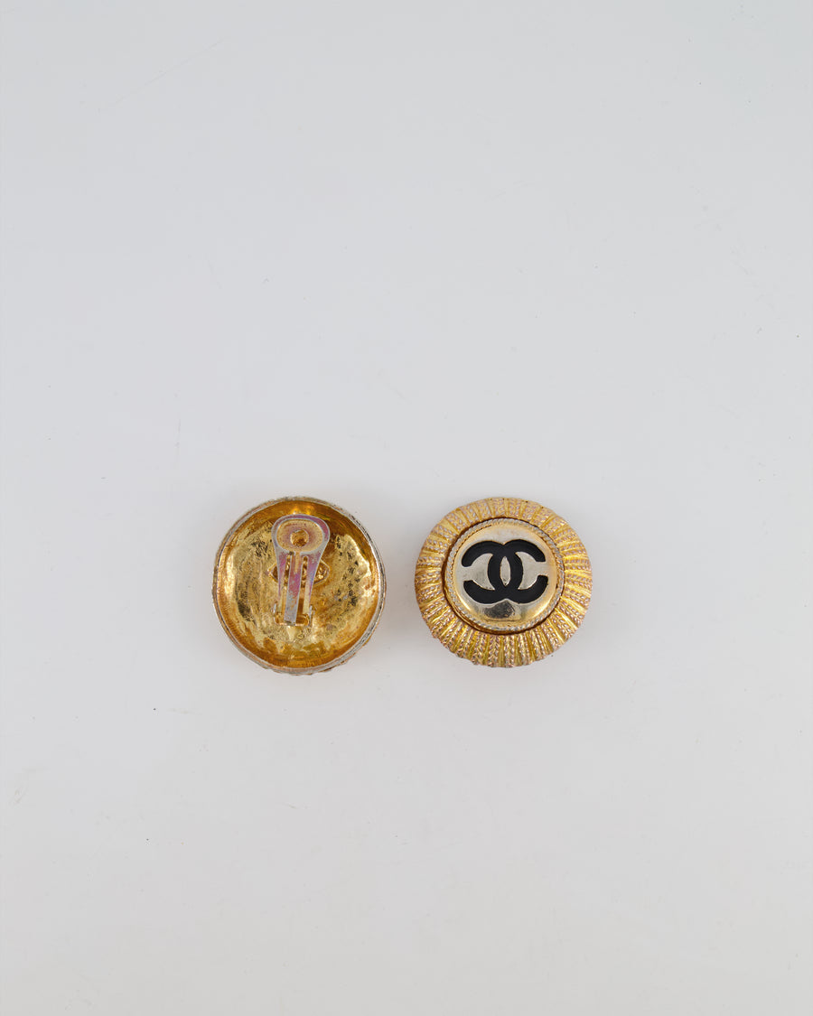 Chanel Vintage Gold Textured Large Round Clip-On Earrings with Black CC Logo