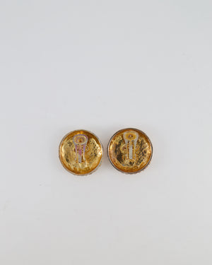 Chanel Vintage Gold Textured Large Round Clip-On Earrings with Black CC Logo