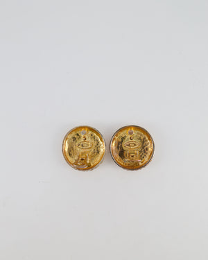 Chanel Vintage Gold Textured Large Round Clip-On Earrings with Black CC Logo