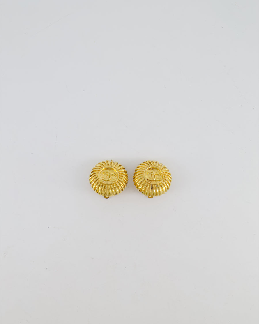 Chanel Vintage Gold Textured Small Round Clip-On Earrings with CC Logo