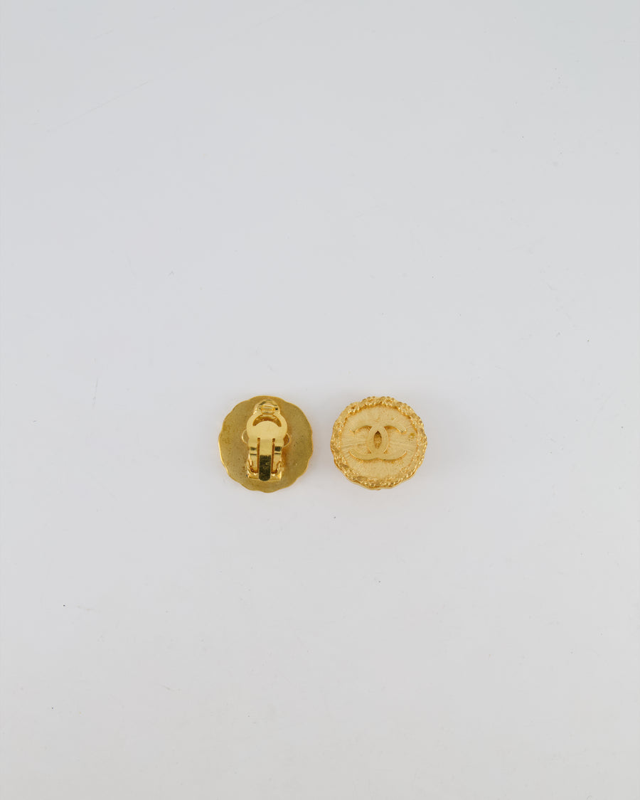 Chanel 93A Vintage Gold Textured Round Clip-On Earrings with CC Logo Detail