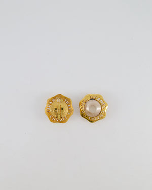 Chanel Vintage Gold Perforated Logo Clip-On Earrings with White Pearl Detail