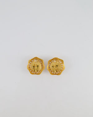 Chanel Vintage Gold Perforated Logo Clip-On Earrings with White Pearl Detail