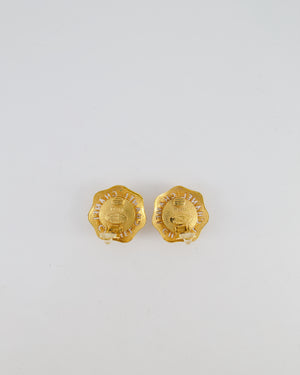 Chanel Vintage Gold Perforated Logo Clip-On Earrings with White Pearl Detail