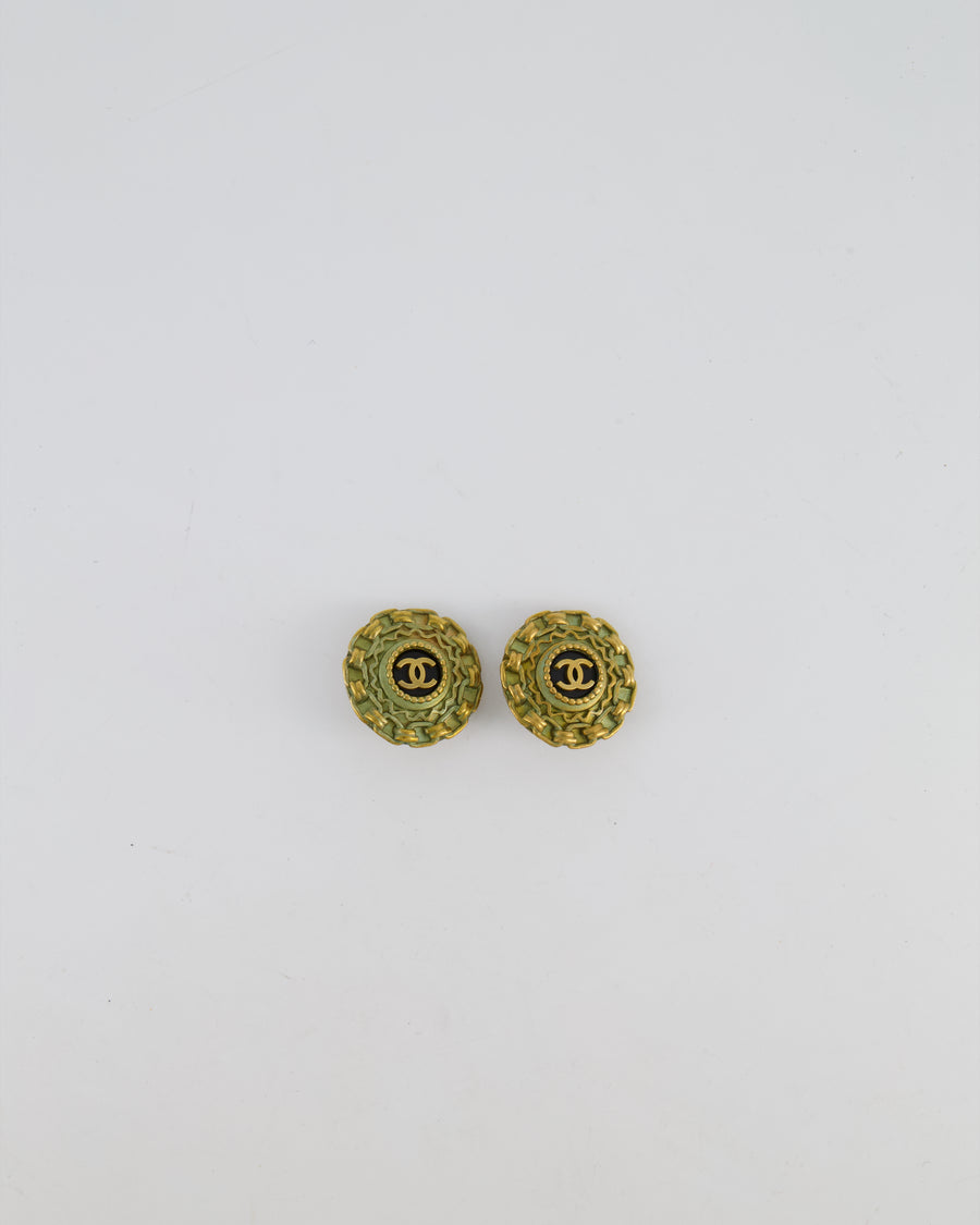 Chanel 94A Vintage CC Brushed Gold Matelasse Round Small Clip-On Earrings with Black Detailing