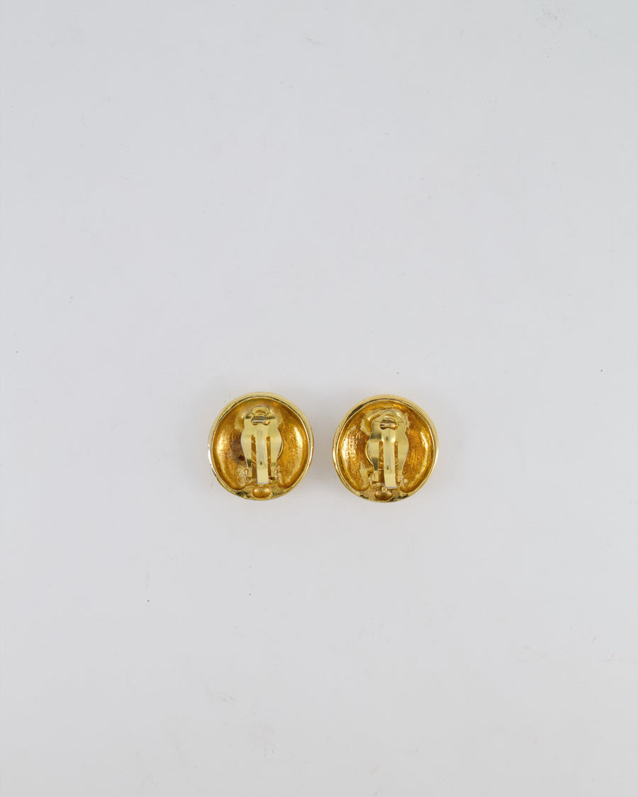 Chanel Vintage Gold Round Clip-On Earrings with Embossed Chanel Details