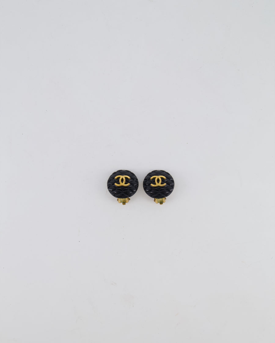 Chanel 94P Vintage Black Matelasse Small Round Clip-On Earrings with Gold CC Logo
