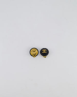 Chanel 94P Vintage Black Matelasse Small Round Clip-On Earrings with Gold CC Logo