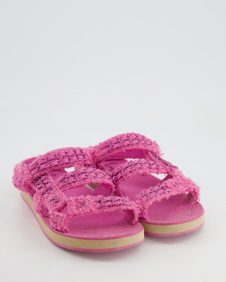 Chanel Pink Tweed Dad Sandals with Pink Chain and CC Logo Details Size 37