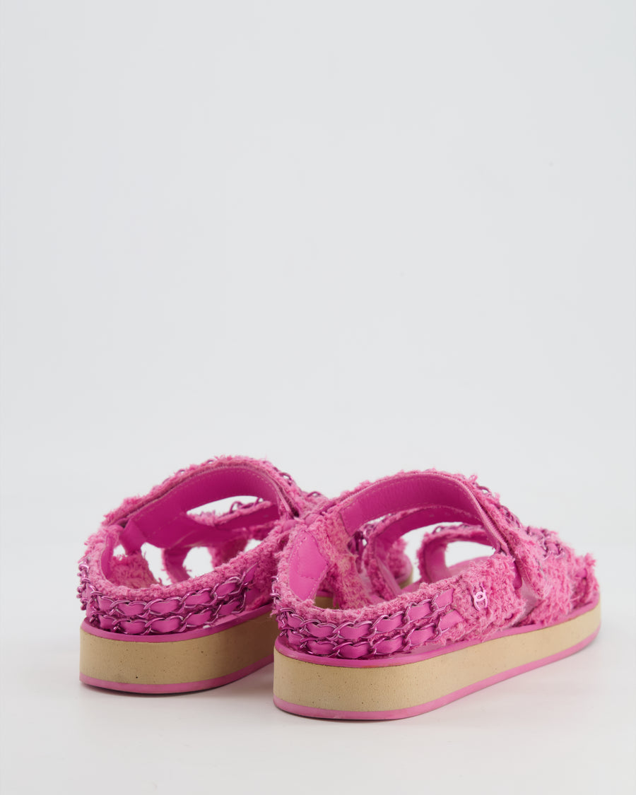 Chanel Pink Tweed Dad Sandals with Pink Chain and CC Logo Details Size 37