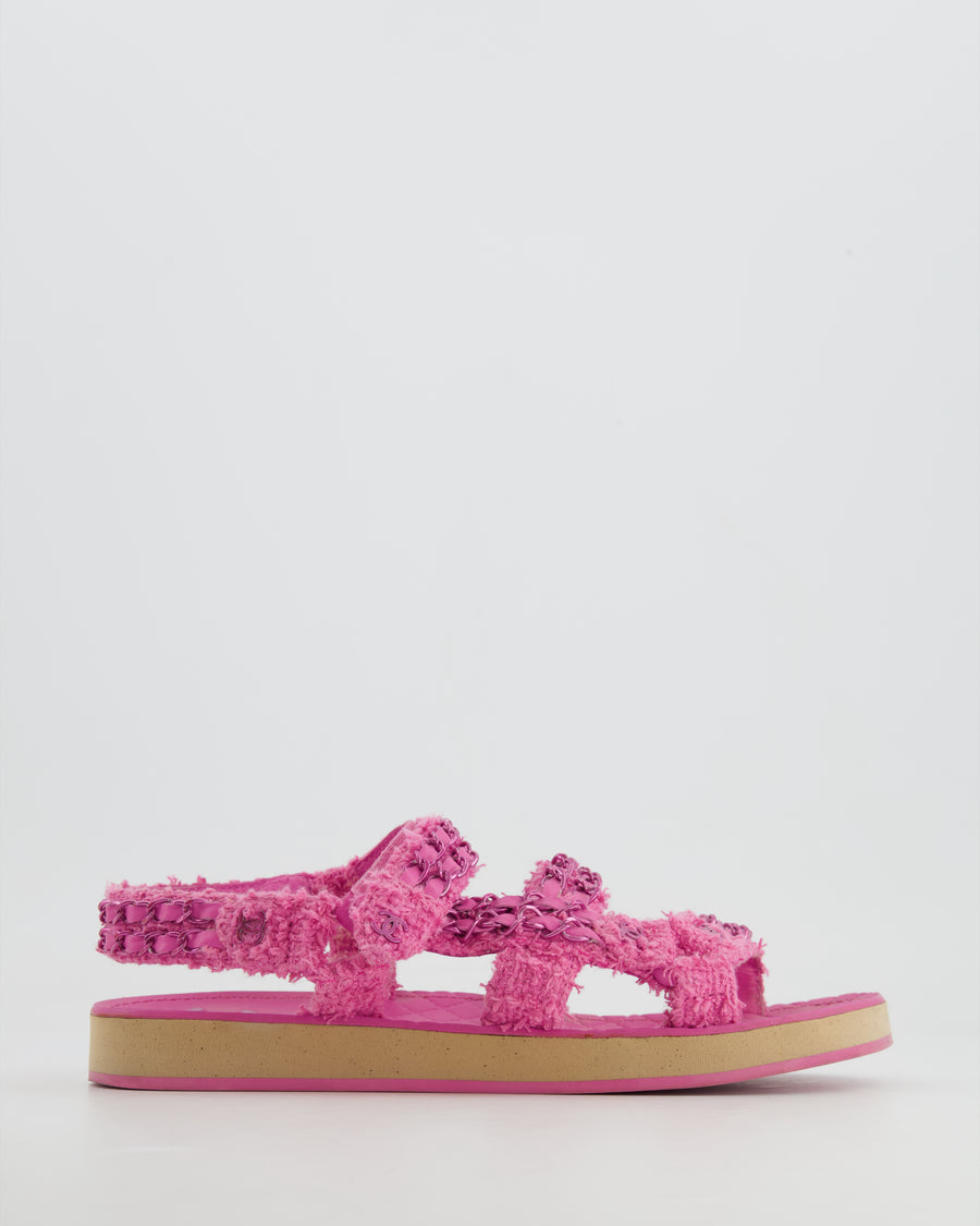 Chanel Pink Tweed Dad Sandals with Pink Chain and CC Logo Details Size 37