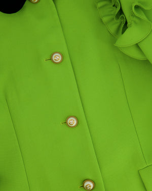Gucci Cruise 2017 Apple Green Wool Coat with Pearl Embellished Buttons and Ruffles Detail IT 42 (UK 10)