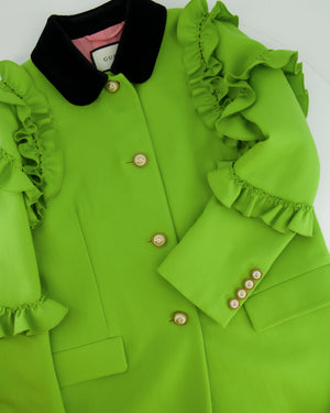 Gucci Cruise 2017 Apple Green Wool Coat with Pearl Embellished Buttons and Ruffles Detail IT 42 (UK 10)